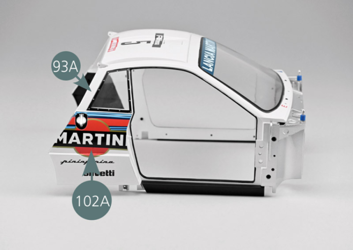 Place the right rear side panel (102A) under the right rear quarter window of the central part of the bodywork (93A), then secure it from the inside with three CM screws.
