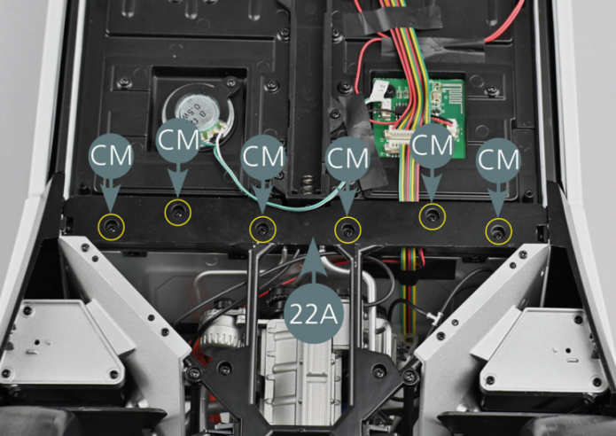 Take the complete engine assembly, flip it over and place the lower rear frame (22A) on the left and right floor panels (67A&67B). Check that the fuel tanks (52B&54B) are positioned slightly lower than the two rear skirts (red circles). 