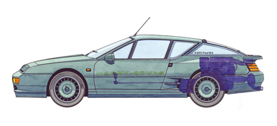 The latest Alpine A610 is decorated with the "Magny-Cours" name on the two front doors and green "A610 Turbo" lettering on the rear quarter windows. © IXO Collections SAS - Tous droits réservés. Crédits photo ©  Renault D.R. / Archives et Collections