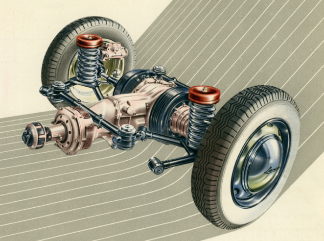 On this technical drawing, the principle of the gearbox attached to the De Dion axle is clearly visible. © IXO Collections SAS - Tous droits réservés. Crédits photo © Lancia D.R.