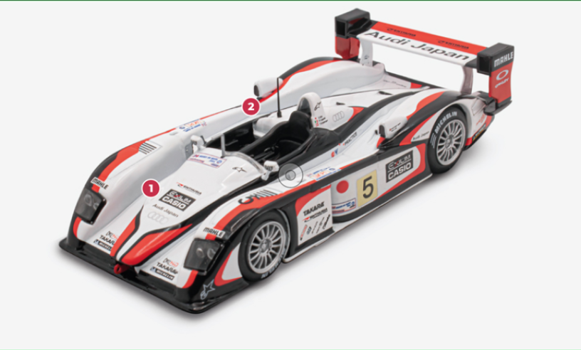 1.  The Goh team was sponsored by the Japanese subsidiary of Audi, but remained a private team. The other main sponsor was the Japanese firm Casio, manufacturer of consumer electronic devices. 2. The capacity of the tank of the 2004 edition was reduced from 90 to 80 liters. The sobriety of the FSI direct injection engine nevertheless allowed the R8 to maintain its advantage over its competitors. © IXO Collections SAS - Tous droits réservés. 