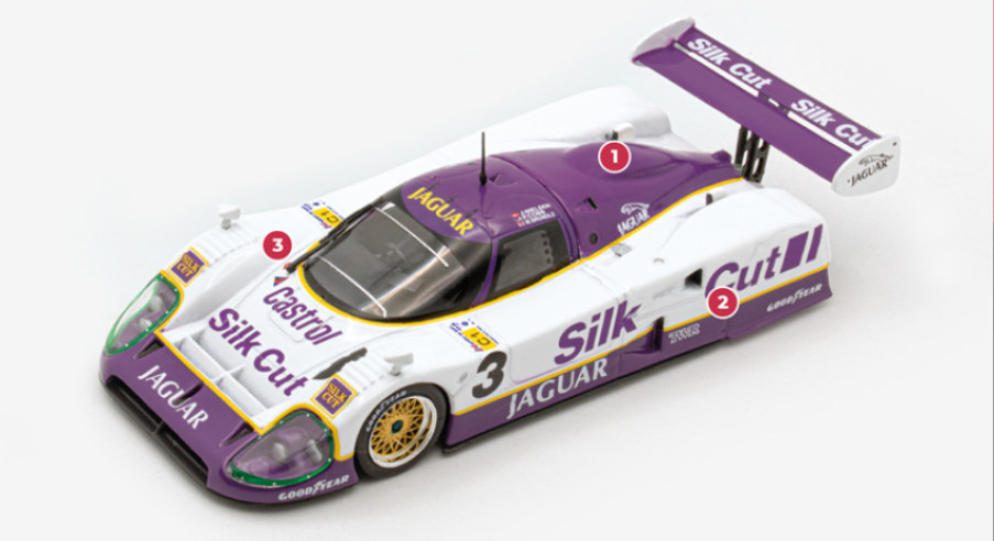 1. The body profile was refined compared to the XJR9 by eliminating the large air intakes in the passenger compartment and lowering the profile by almost 40 mm.2. The fairing of the rear wheels was a feature of Jaguar prototypes, introduced on some versions of the XJR8 and subsequently carried forward.3. The XJR12 with chassis no. 1090 was the same car that, like the XJR9 (chassis no. 288), won the 1988 24 Hours of Daytona, the 1989 360km of Tampa and claimed numerous second and third places in IMSA GTP events.© IXO Collections SAS - Tous droits réservés. 