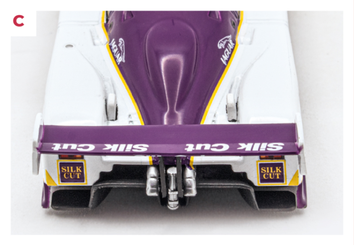 C. The new Le Mans circuit, with more bends and reduced maximum speeds, prompted Jaguar to opt for intermediate, but more comprehensive, aerodynamic equipment than in the previous year. © IXO Collections SAS - Tous droits réservés. 