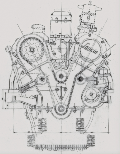 The V-shaped architecture is one of the special features of Lancia's pre-war engines. Pictured here is a cross section of the B10 V6 engine fitted to the Aurelia. © IXO Collections SAS - Tous droits réservés. Crédits photo © Lancia D.R.