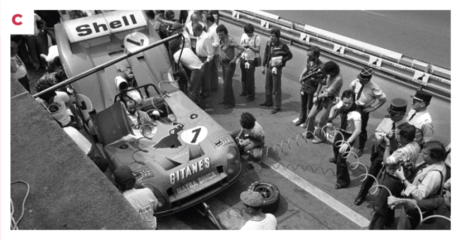 C. Henri Pescarolo in the No. 7 Matra at the 1974 Le Mans 24 Hours. Despite two long stops caused by ignition and gearbox failures, the car managed to maintain part of the lead it had built up. © IXO Collections SAS - Tous droits réservés. 