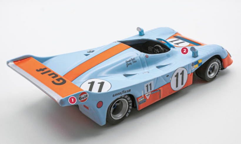 1 The bodywork, designed by John Horsman with input from owner John Wyer and engineer Len Bailey, is sleek and compact. The rear wing supports continued the line of the flanks.&nbsp;2 The year 1972 was the last for the blue and orange livery of Mirage sponsor Gulf. In previous years, the connection was so close that the names of the cars, GR7 and GR8, were derived from the initials of the Gulf Research Racing Company.© IXO Collections SAS - Tous droits réservés.&nbsp;