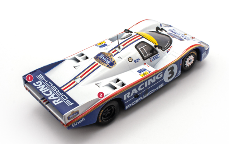 1. The Le Mans configuration features a lower, less inclined rear wing to improve airflow and reduce fuel consumption.&nbsp;2. In accordance with the regulations, the base is flat and the rear extractor becomes less effective because the engine's size limits the width of the Venturi ducts. Despite this, the 956 has three times the aerodynamic downforce of the 917.© IXO Collections SAS - Tous droits réservés.&nbsp;
