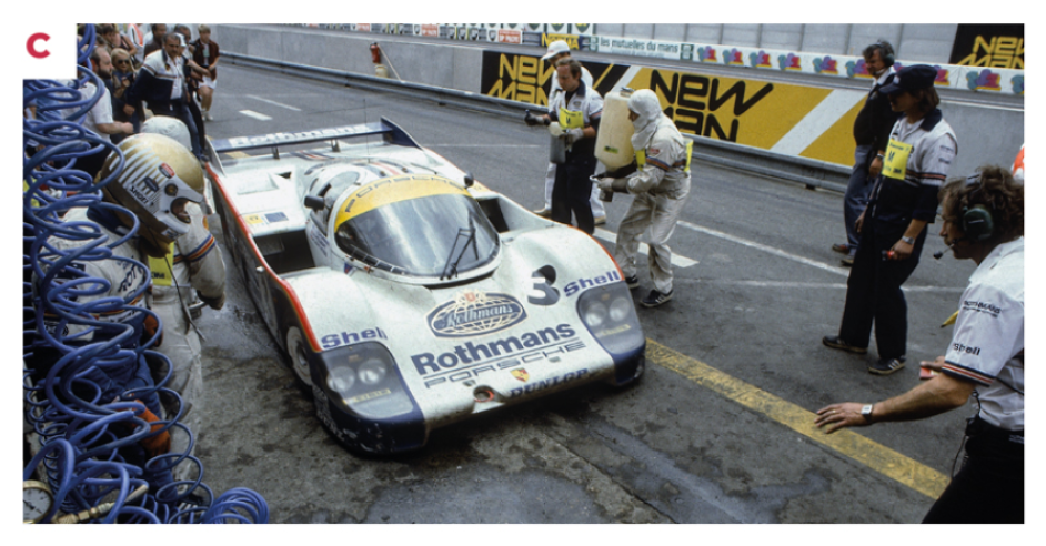 C. The 956, pictured here in the pits, won the 1983 Le Mans 24 Hours with Al Holbert, Vern Schuppan and Hurley Haywood.© IXO Collections SAS - Tous droits réservés.&nbsp;
