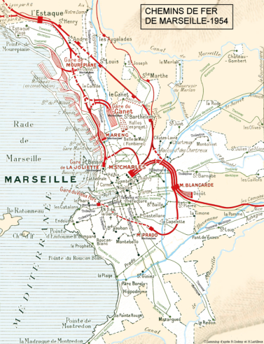 The very interesting plan of Marseille's railway installations, published in Géographie des Chemins de fer by Henri Lartilleux in 1955, shows the complexity of Marseille's system. St-Charles, La Joliette and Vieux Port stations are remarkably ‘dead-ends’.  © IXO Collections SAS - Tous droits réservés. Crédits photo © Collection Trainsconsultant-Lamming