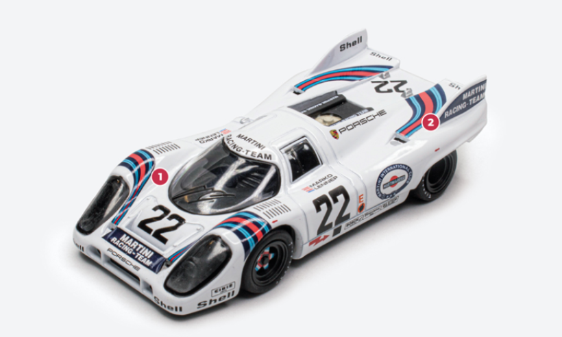 1. La vettura del team Porsche Martini che vince la 24 Ore di Le Mans del 1971 è una delle poche 917K con telaio costruito in lega di magnesio anziché in alluminio.2. La versione a coda tronca, battezzata “K” (dal tedesco Kurzheck, appunto “coda corta”), è stata sviluppata a fine 1969 per risolvere i problemi di stabilità della 917 prima serie, che aveva una carrozzeria simile a quella della 908 coupé.© IXO Collections SAS - Tous droits réservés. 
