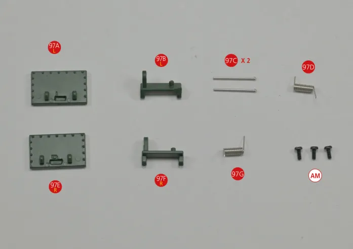 97A Puerta izquierda97B Bisagra de la puerta izquierda97C Eje (x 2)97D Resorte izquierdo97E Puerta derecha97F Bisagra de la puerta derecha97G Resorte derechoTornillo AM M1,7 x 4 (2 + 1)