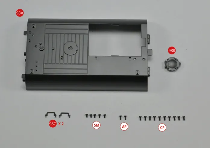 98A Parte superior de la caja98B Escotilla de acceso98C Barandilla (x 2)&nbsp;Tornillos SM M1,7 x 3 (4 + 1)&nbsp;Tornillos AM 1,7 x 4 (1 + 1)&nbsp;Tornillos CP M2,0 x 4 (8 + 2)&nbsp;