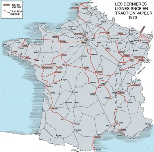 Mappa delle ultime rotte a vapore rimaste nel 1970. Per le locomotive 141-R i loro giorni erano contati: erano rimaste solo poche belle rotte regionali e interregionali. © IXO Collections SAS - Tous droits réservés. Crédits photo © Collection Trainsconsultant-Lamming