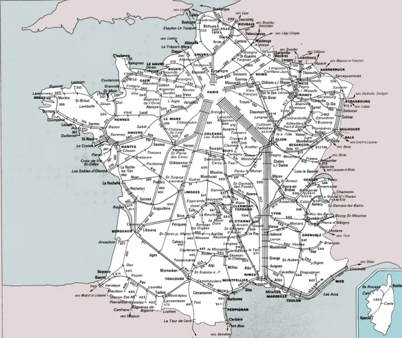 A rede da SNCF em 1972, de acordo com um documento oficial da SNCF. Todas as principais linhas nacionais foram finalmente eletrificadas. Enquanto a velocidade aumentava, o TGV era aguardado com ansiedade, chegando finalmente em 1981. © IXO Collections SAS - Tous droits réservés. Crédits photo ©&nbsp;Collection Trainsconsultant-Lamming