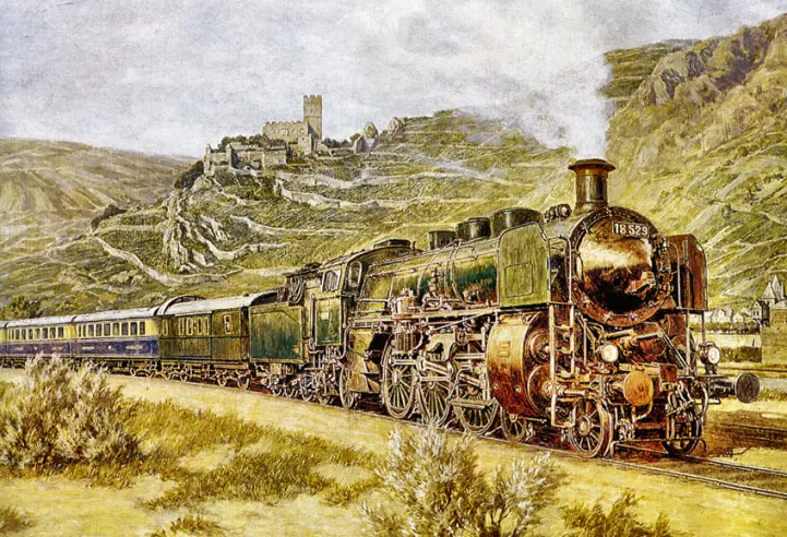 A locomotiva alemã «Pacific» S 3/6 rapidamente se tornou, em todos os sentidos da palavra, a locomotiva oficial dos maiores comboios de luxo alemães. Aqui, em 1922, com o famoso comboio «Rheingold». © IXO Collections SAS - Tous droits réservés. Crédits photo ©&nbsp;Collection Trainsconsultant-Lamming