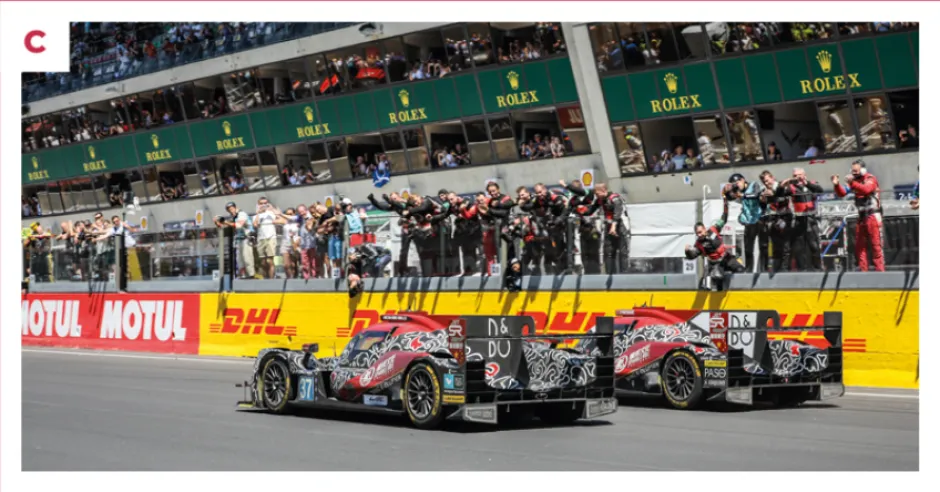 C. The Oreca 07 nos. 38 and 37 of the Jackie Chan DC Racing team took second and third place overall and first place in the LMP2 category at the 2017 24 Hours of Le Mans.© IXO Collections SAS - Tous droits réservés. 
