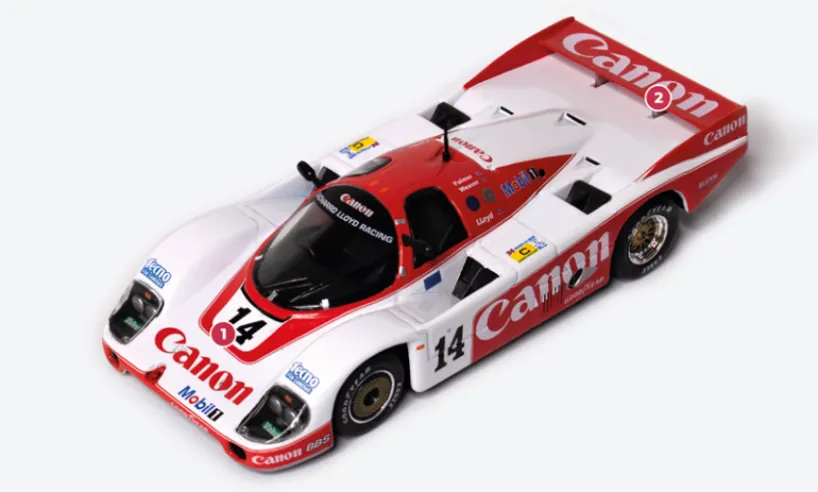 1. Among the modifications introduced by Richard Lloyd's team to the original 956, the new front suspension uses double wishbones and pull rods.2. The configuration of the 956 for Le Mans includes, as usual, a rear end with a lower and less inclined spoiler, which on other circuits is replaced by a system that provides greater aerodynamic downforce.&nbsp;© IXO Collections SAS - Tous droits réservés.&nbsp;