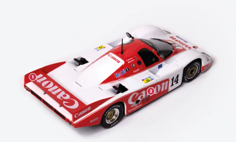 1. Even before replacing the bodywork with an entirely new honeycomb structure, GTi is experimenting with various solutions such as carbon spoilers and biplanes.2. In 1985, GTi Engineering became Richard Lloyd Racing, but retained the white and red livery of its sponsor, Canon, which had been supporting the team for several years.© IXO Collections SAS - Tous droits réservés.&nbsp;