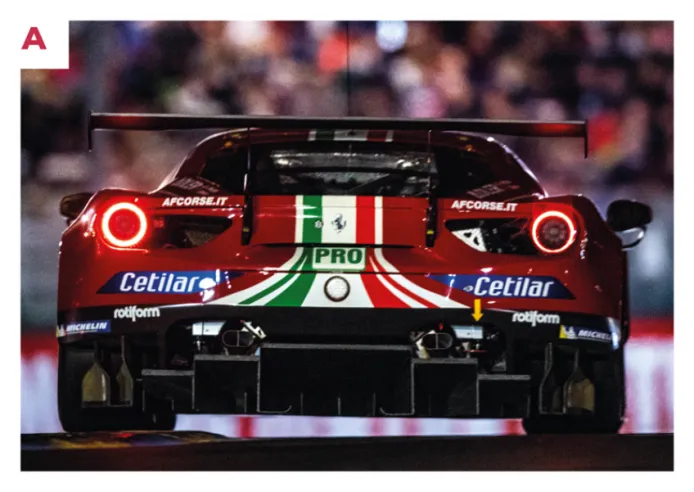 A. On the Ferrari 488 GTE, the rear lights are identical to those used on the series-production car, but the aerodynamic extractors located next to them have been replaced by black grilles.© IXO Collections SAS - Tous droits réservés.