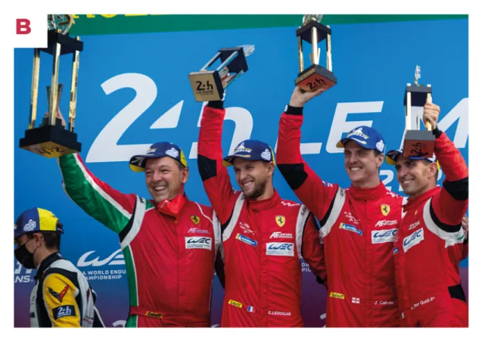 B. From left to right, Battistino Pregliasco, director of the AF Corse team, and drivers Côme Ledogar, James Calado and Alessandro Pier Guidi, winners at Le Mans in the GTE Pro category in 2021.© IXO Collections SAS - Tous droits réservés.