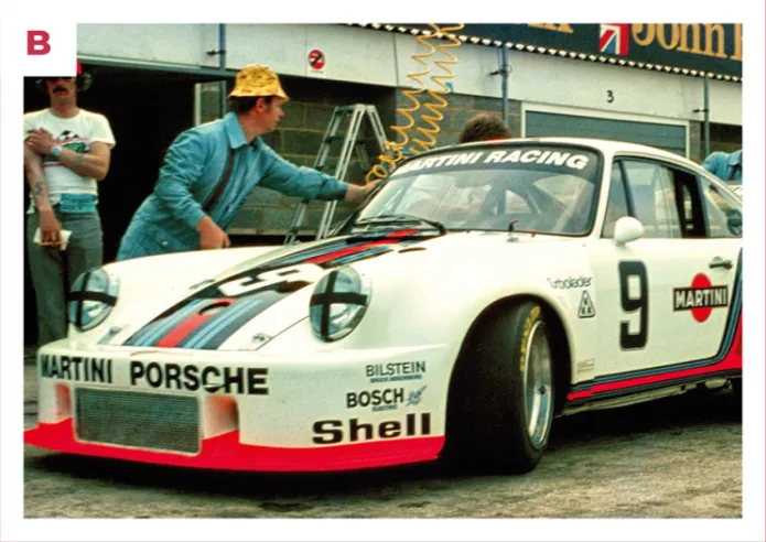 B. The 935 driven by Jacky Ickx and Jochen Mass at the 1976 Silverstone 6 Hours. The front end, identical to that of the standard 911, was modified shortly afterwards.© IXO Collections SAS - Tous droits réservés.