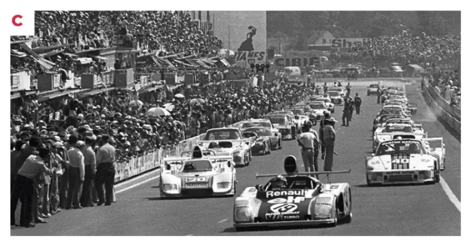 C. The 1976 Le Mans 24 Hours starting grid: Schurti and Stommelen's 935 is third behind Jabouille-Tambay-Dolhem's Alpine Renault A442 and Ickx and Van Lennep's 936.© IXO Collections SAS - Tous droits réservés.