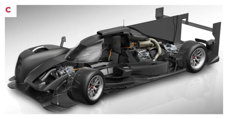 C. Dieses Bild zeigt das Chassis und die Struktur der Karosserie aus Glasfaser, Kevlar und Aluminium sowie die Position des Elektromotors an der Vorderachse. © IXO Collections SAS - Tous droits réservés.