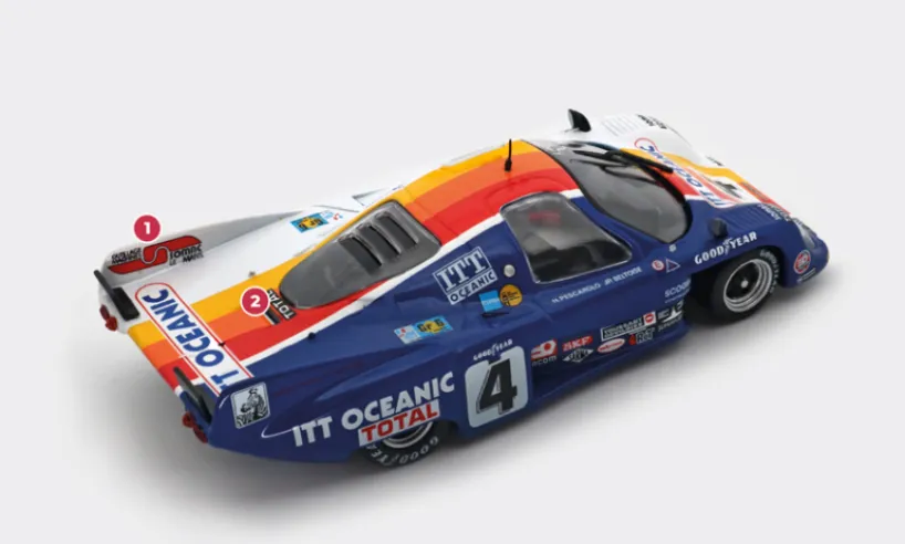 1. The bodywork differs little from that of the M378: like the latter, it is without a spoiler but has two large rear fins. External stabiliser were later added to the M379B.2. The V8 Ford-Cosworth 3.0 engine is anchored to the chassis and has a semi-load-bearing function. Some of the M379C models from 1981 were fitted with a 3.3-litre version.© IXO Collections SAS - Tous droits réservés.