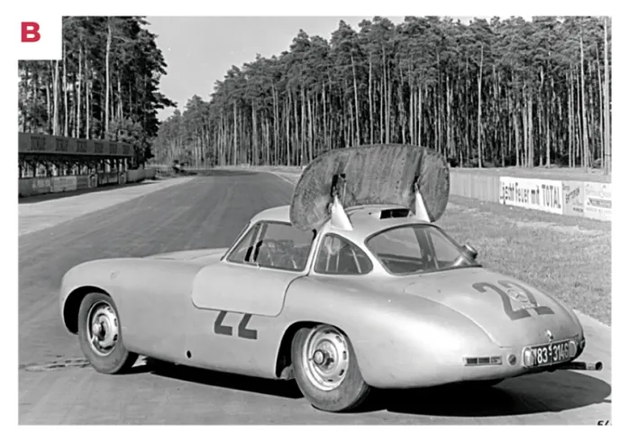 B. During free practice for the 24 Hours of Le Mans, Mercedes tested a movable spoiler mounted on the roof to act as an aerodynamic brake, but it was not used in the race.© IXO Collections SAS - Tous droits réservés.