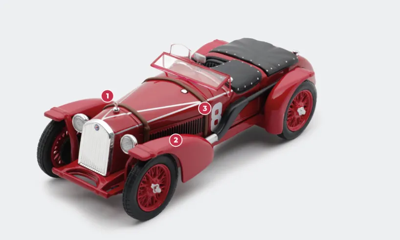1. The radiator grille, positioned close to the engine, sits well back of the front grille, which on this version is positioned quite far forward.2. The MM bodywork has streamlined front wings, while the LM has the simple wing design used on the Monza.3. The 8-cylinder engine consists of two 4-cylinder blocks. The timing is controlled centrally by a series of gears that drive the two ACTs of each block.© IXO Collections SAS - Tous droits réservés.&nbsp;