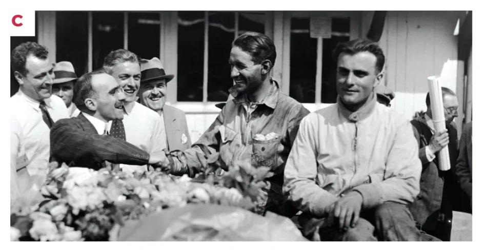 C. In the foreground, Raymond Sommer and Luigi Chinetti (right). The two drivers celebrate their victory at the finish line of the 1932 24 Hours of Le Mans.© IXO Collections SAS - Tous droits réservés.&nbsp;