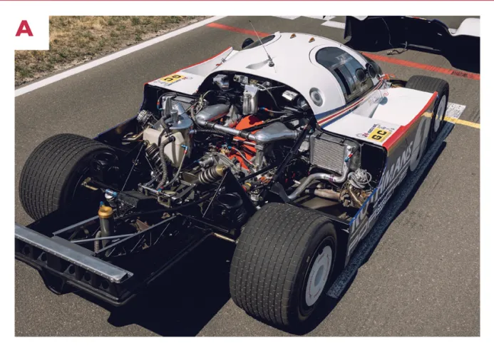 A. The 956 featured a new 5-speed gearbox coupled to the engine, to which the rear suspension mountings were attached. The whole assembly was supported by an auxiliary tubular chassis bolted to the body.© IXO Collections SAS - Tous droits réservés. 