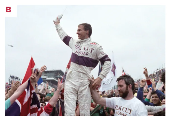 B. Der niederländische Fahrer Jam Lammers feiert seinen Sieg bei den 24 Stunden von Le Mans 1988, den er gemeinsam mit Andy Wallace und Johnny Dumfries errungen hat.© IXO Collections SAS - Tous droits réservés. 