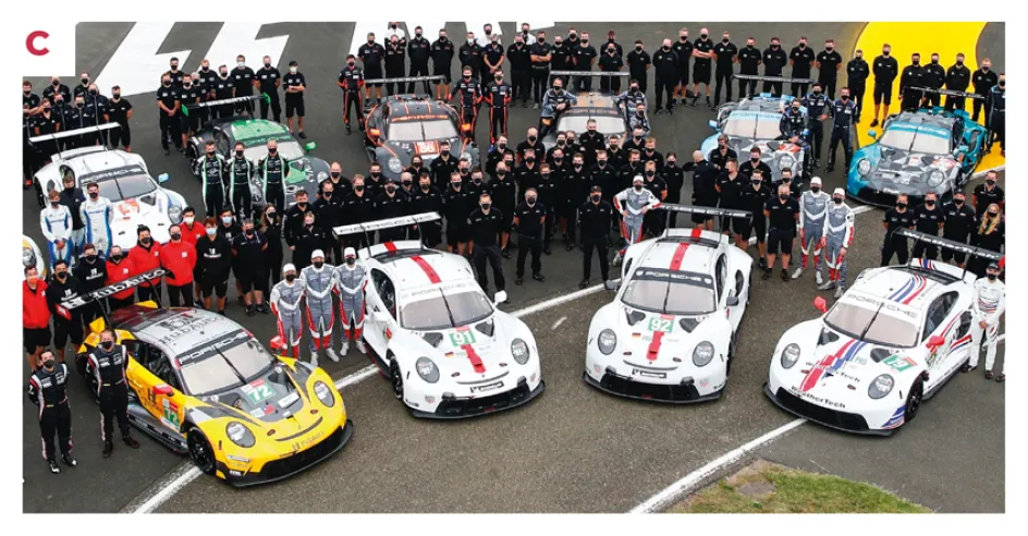 C. The Porsche armada at the 2021 24 Hours of Le Mans: 12 cars and 36 drivers are entered by eight different teams, both official and private. © IXO Collections SAS - Tous droits réservés. 