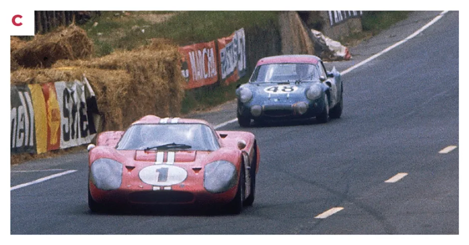 C. Das Auto von Gurney/Foyt, das hier von einem Alpine A210 gefolgt wird, musste sich gegen die Ferrari 330 P4 beweisen, die den zweiten und dritten Platz belegten. © IXO Collections SAS - Tous droits réservés. 