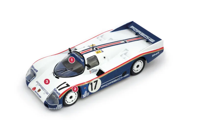 1. Another innovation is the roll cage installed to protect the driver's compartment. The increase in weight of a few dozen kilograms is offset by greater rigidity and a more powerful engine.2. The wheelbase of the 962 is 12 cm longer, which is enough to move the front axle forward in front of the pedals. However, the overall length is the same as that of the 956.3. The winner at Le Mans in 1987 was an ‘original’ 962 built in accordance with the rule changes. From 1987 onwards, many 956s that were no longer eligible to race were converted into 962s.© IXO Collections SAS - Tous droits réservés.&nbsp;