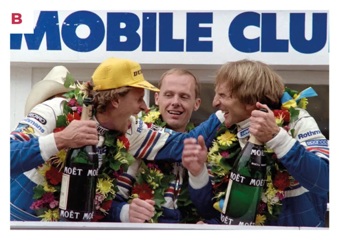 B. From left to right, Hans-Joachim Stuck, Al Holbert and Derek Bell celebrating their second consecutive victory at Le Mans on 14 June 1987. © IXO Collections SAS - Tous droits réservés.&nbsp;