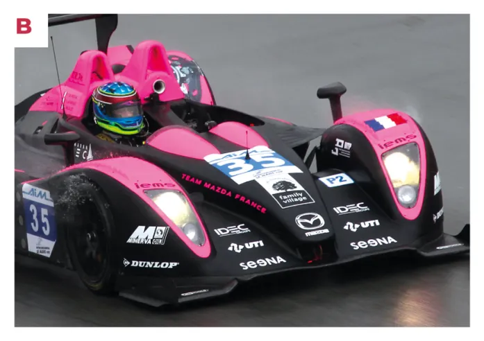 B.	Malgré un changement de moteur, l’écurie OAK Racing conserve la marque Mazda sur le museau et la raison sociale « Team Mazda ». © IXO Collections SAS - Tous droits réservés.&nbsp;