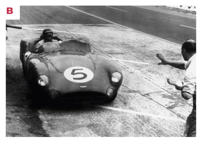 B. Der siegreiche DBR1/300 mit der Startnummer 5 von Shelby und Salvadori während eines Tankstopps in Le Mans 1959.© IXO Collections SAS - Tous droits réservés. 